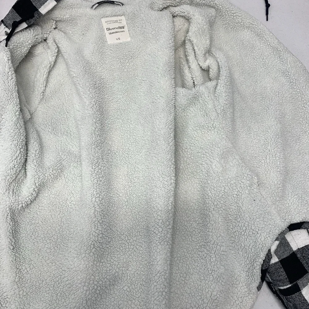Blue Notes Sherpa Lined Buffalo Plaid Boyfriend Shirt Jacket Woman Large Hood - Picture 9 of 9